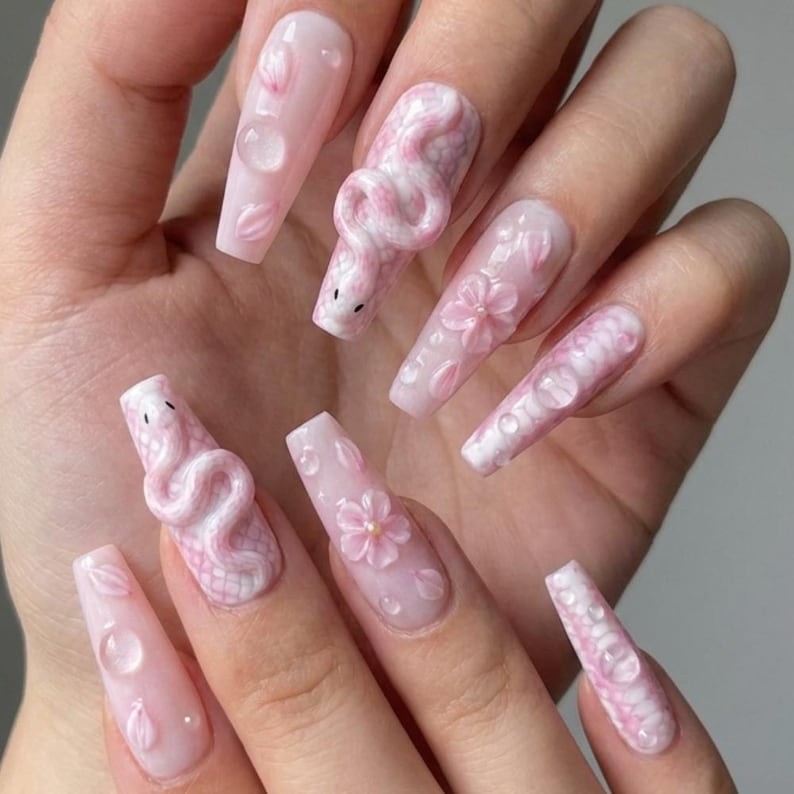 Pink Snake Press On Nails, 3D Sakura Cherry Blossom Nails, Luxury Sculpted Nails