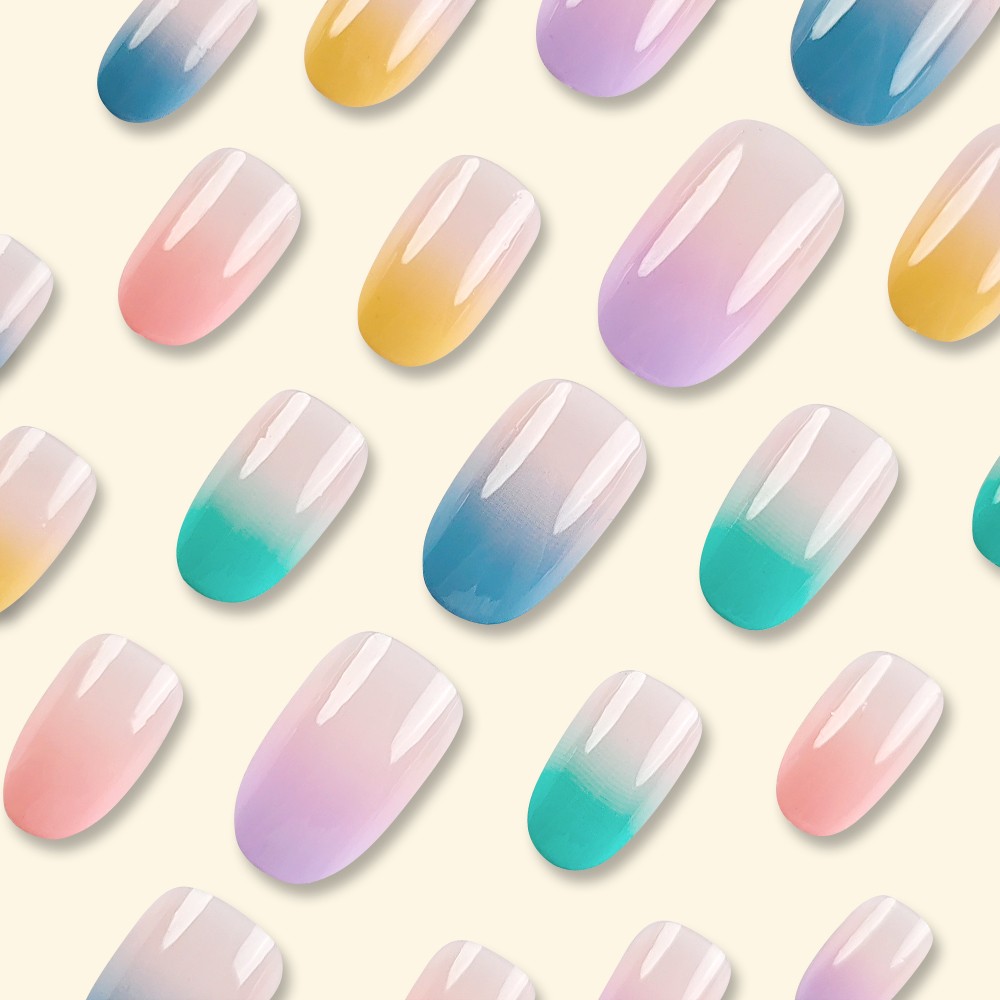 24-piece Short Oval Rainbow Gradient Design Nail Polish Set.Long Press On The Na