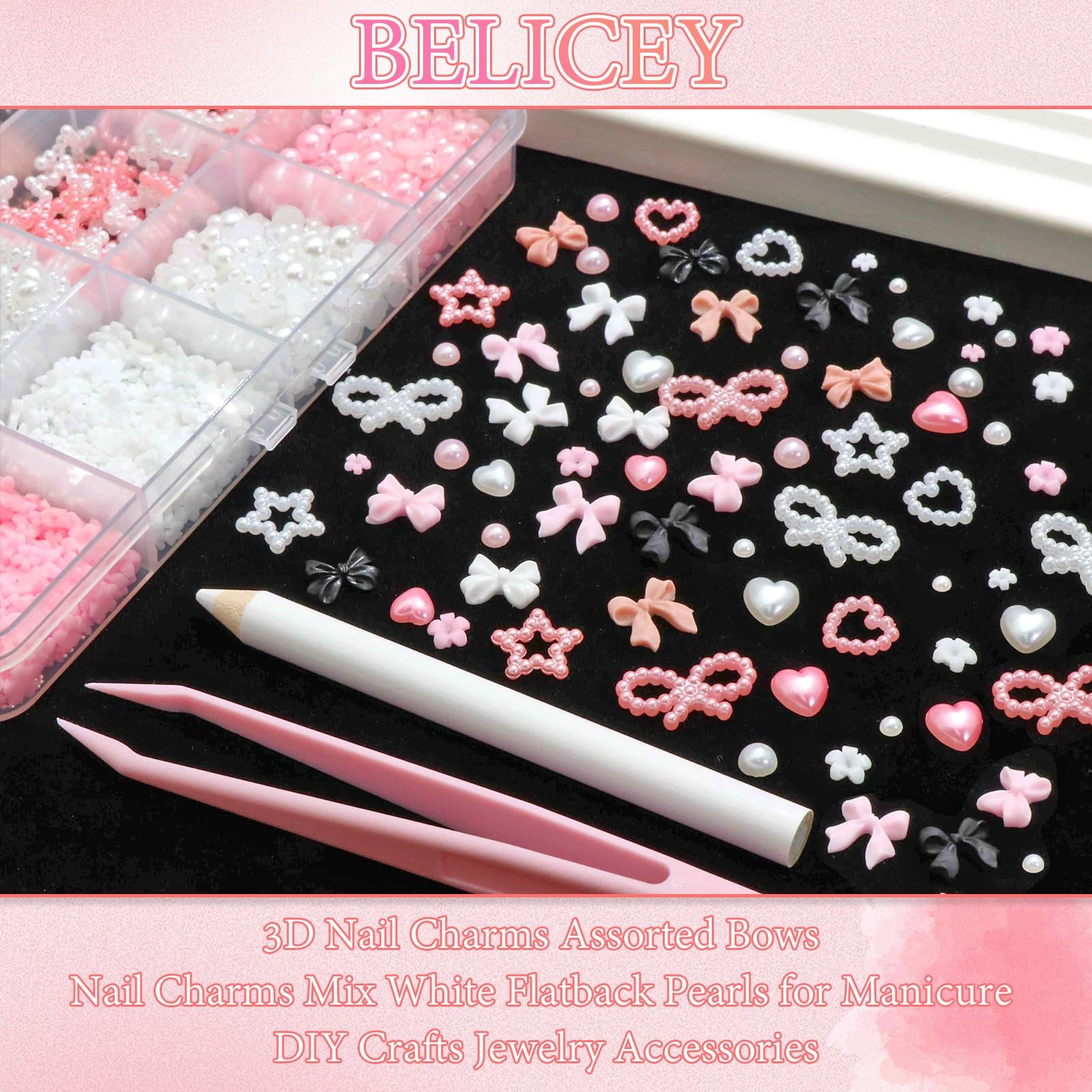 3D Bow Nail Charms 600PCS Nail Flowers Pink&White Flatback Pearls Beads Star Hea