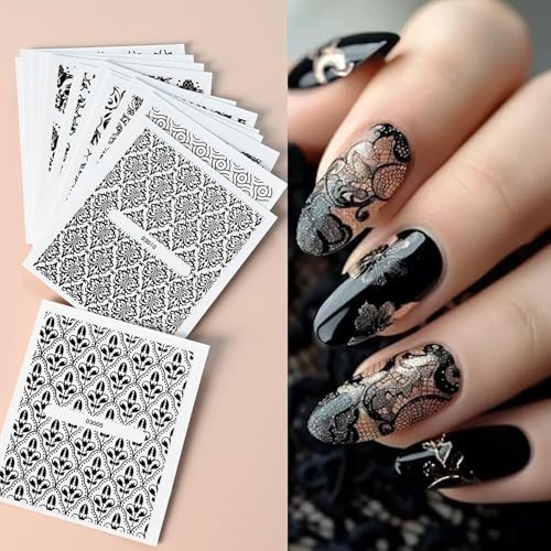 30 Sheets Lace Nail Art Stickers 3D Black Flower Lace Nail Decals Self Style 6