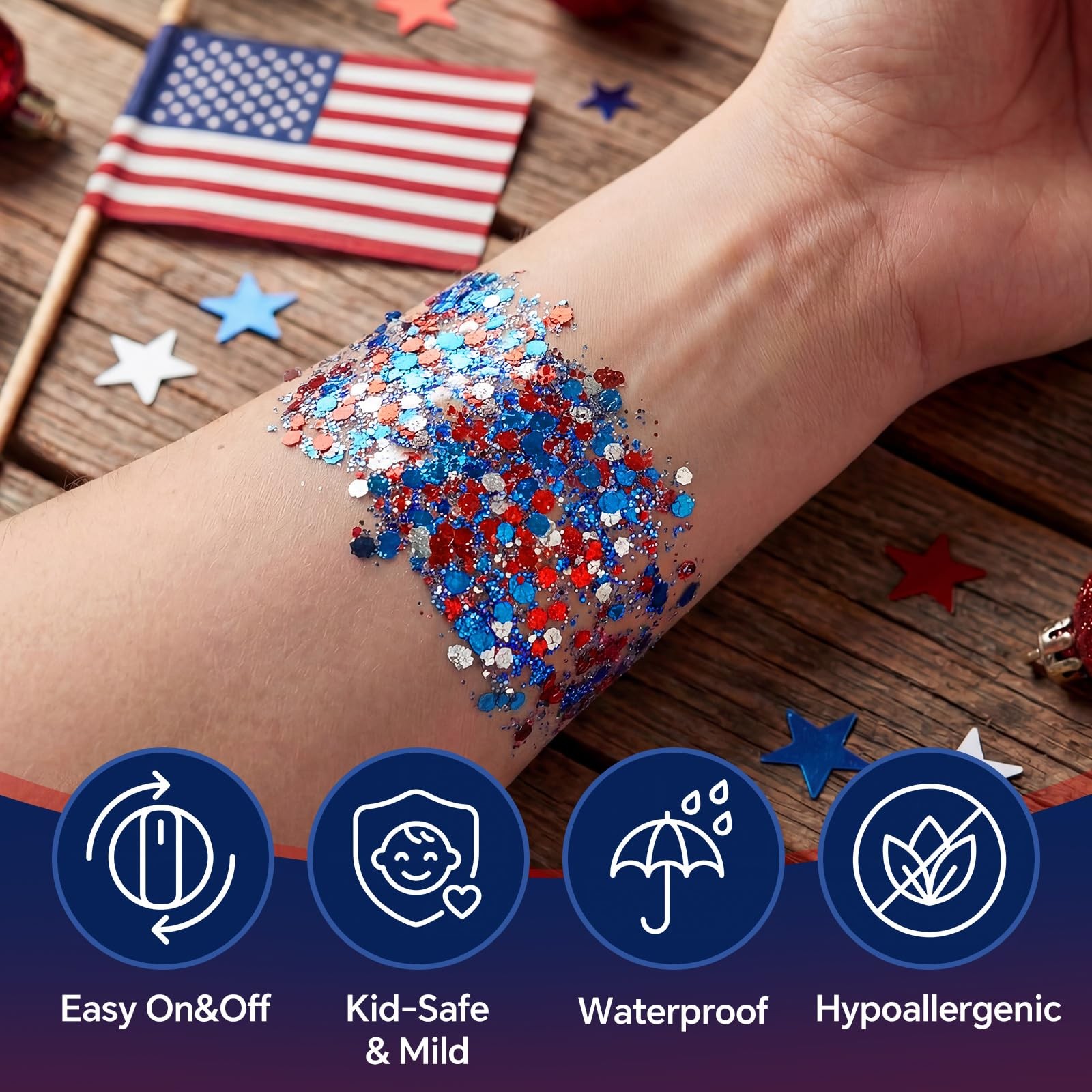 Red White and Blue Face Body Glitter Stick, 4th of July Accessories for Women…