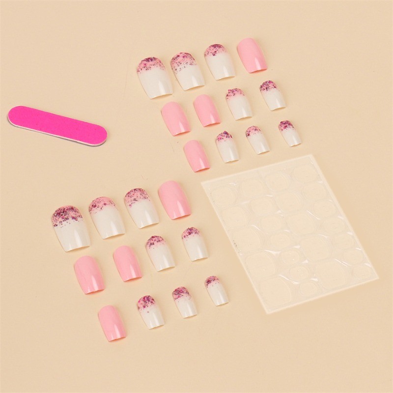 48pcs-Barbie Pink Press on Nails with White Ombre Tips and Iridescent Glitter
