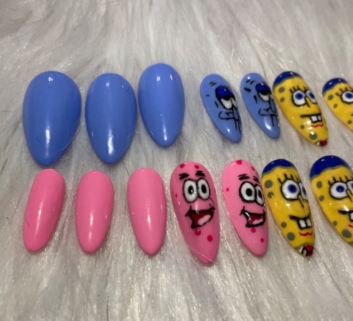 Custom press on nails SpongeBob almond 24 Patrick Squidward pink blue yellow