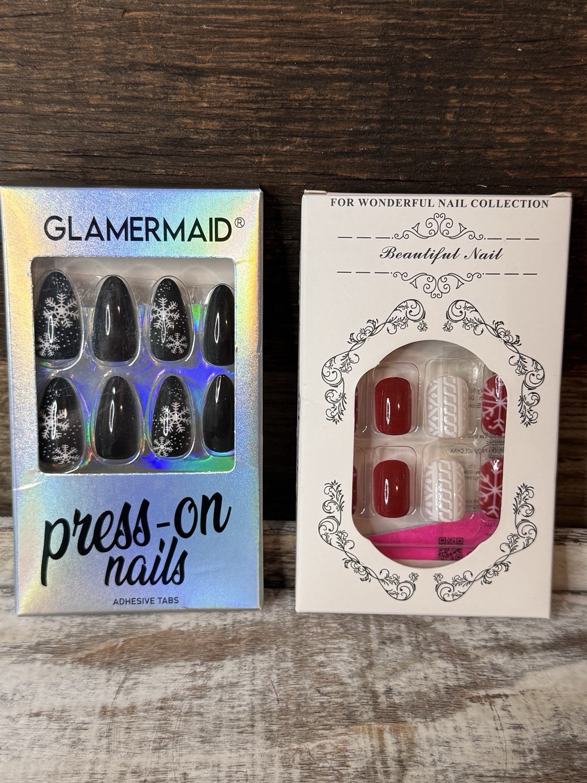 Set of 2 Press-On Nails, Snowflakes on Black Coffin; Red & White Knit Square
