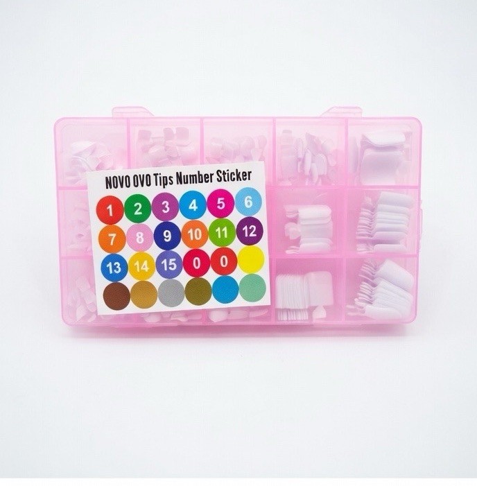 NOVO OVO Artificial Nail Tips White With Box, Assorted Sizes, Number Stickers