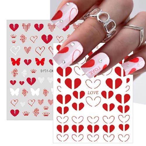 8 Sheets Valentine’s Nail Art Stickers Pink Plaid Nail Decals 3D Self Heart
