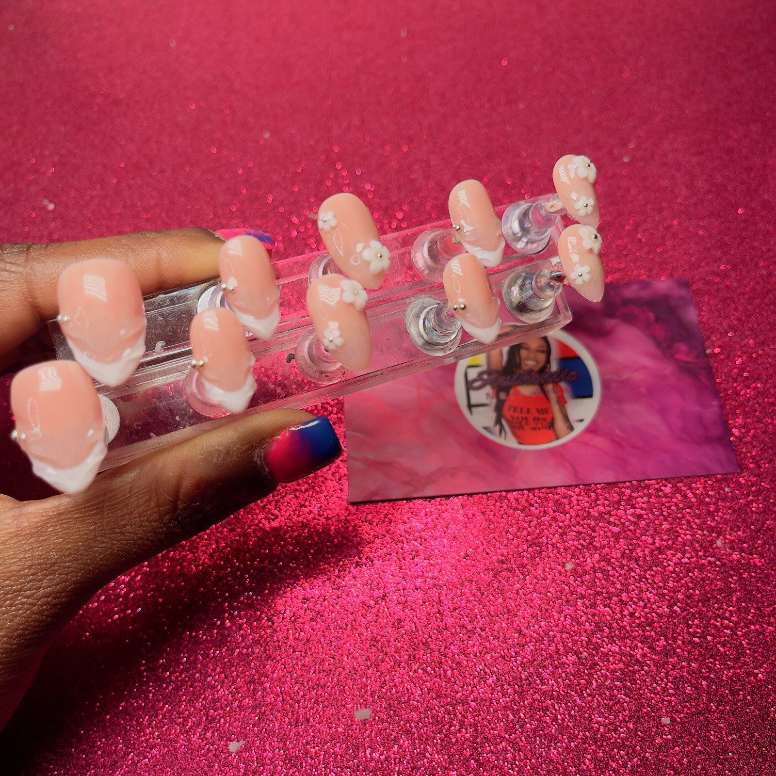 Almond Press-On Nails Peach White French 3D Flower by Authentic Nail Arts by Dia