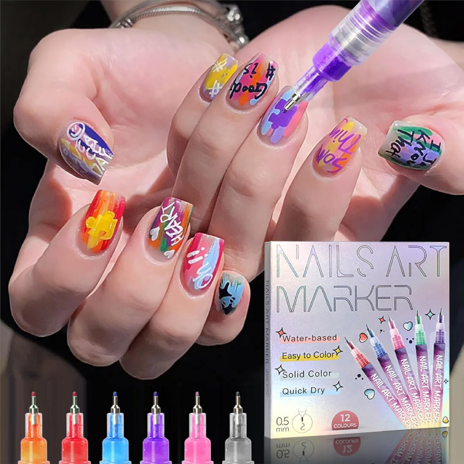 12 Colors Nail Art Pens Set, 3D Nail Polish Pens, Nail Art Markers for Gel Nails