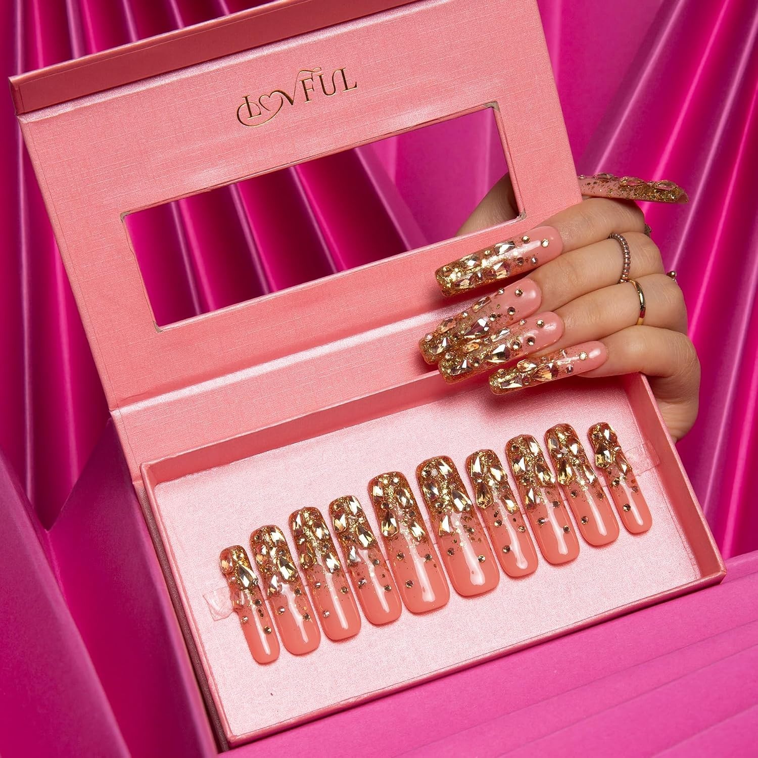 Salon-Quality Stardust Gold Rhinestone Nails