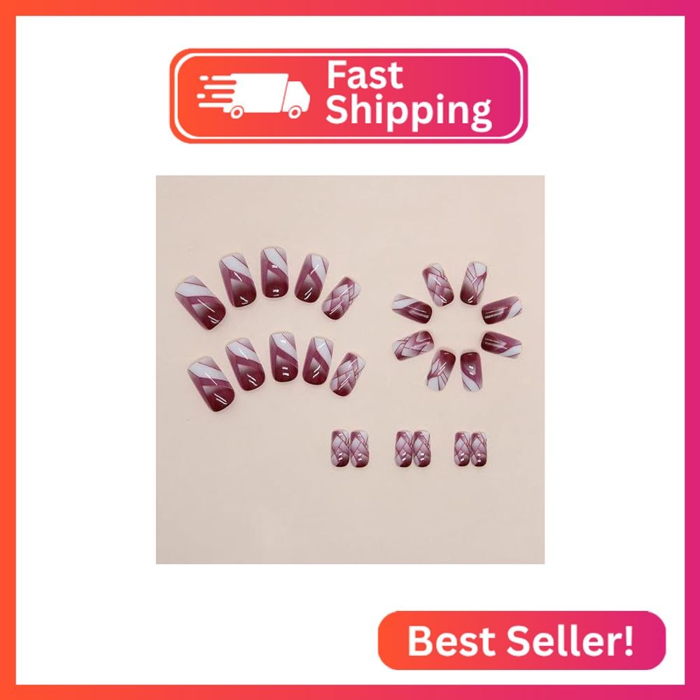 Press on Nails Medium Length Wine Red Square False Nails Lines Grids Design Char