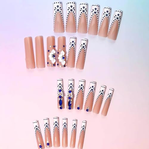 Long Nail Press ons Square Press on Nails White French Fake Long Style-C5C25