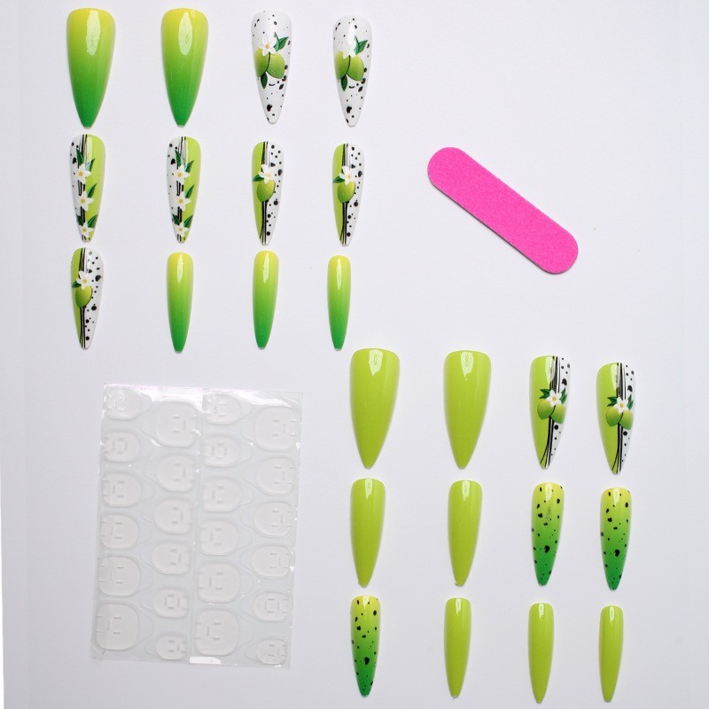 48pcs-Summer Lemon Themed Press on Nails, Almond with Ombre Yellow Green Tips