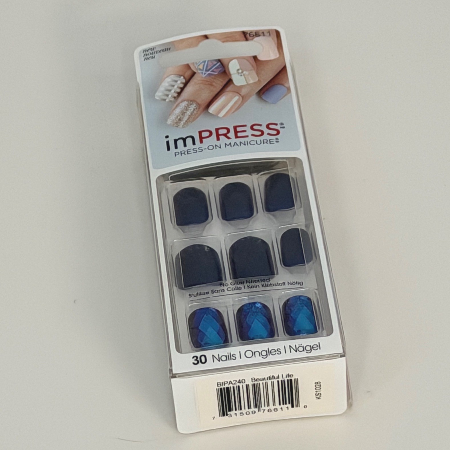 impress Press On Manicure 30 Nails Dark Blue Diamond Accent Short Square 94-22