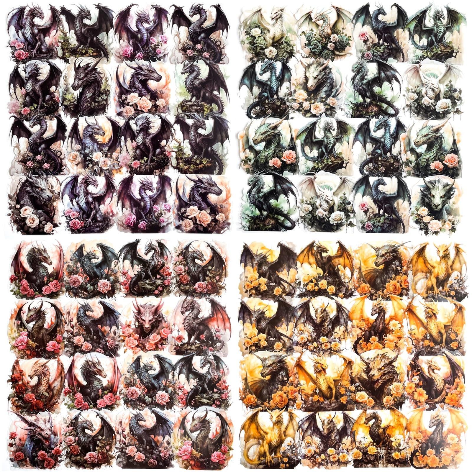 80 Pcs Gothic Aesthetic Dragon Rose Stickers for Scrapbooking – Large Dark