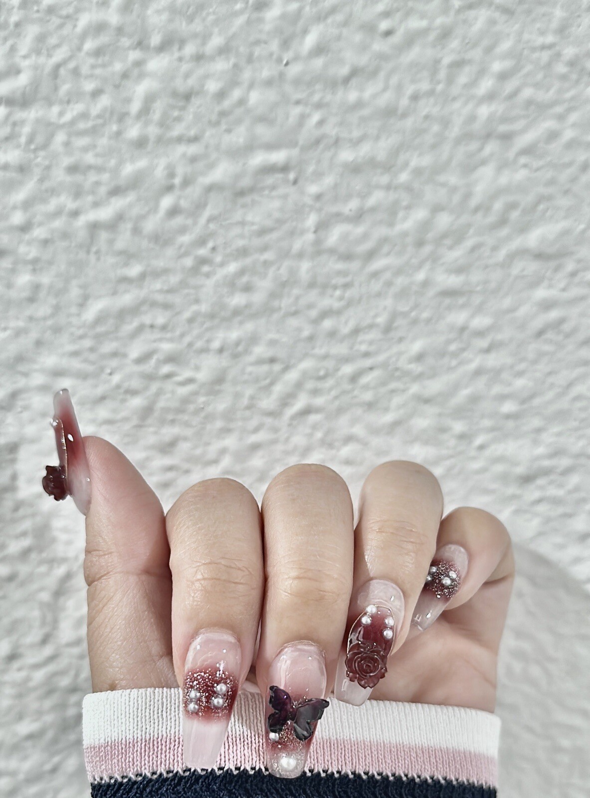 press on nails handmade Claret Butterfly And Rose Long Coffin XS S M L
