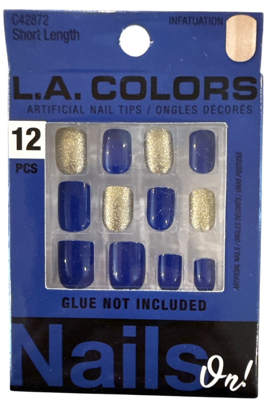 L.A. Colors NAILS ON! 12 Nails INFATUATION Short Square Glossy+Glitter Blue+Gold