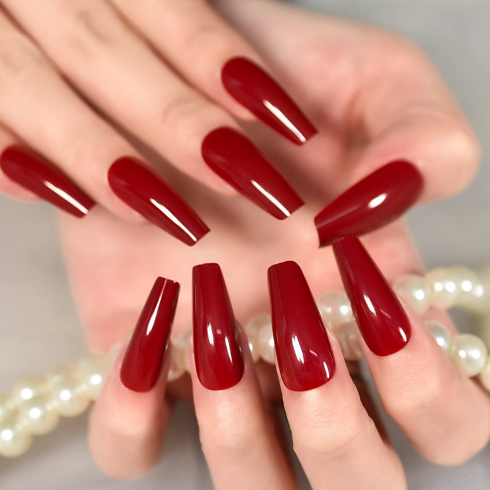 Glossy Red Press on Nails Medium Length Coffin False Nail Tips Reusable Full …