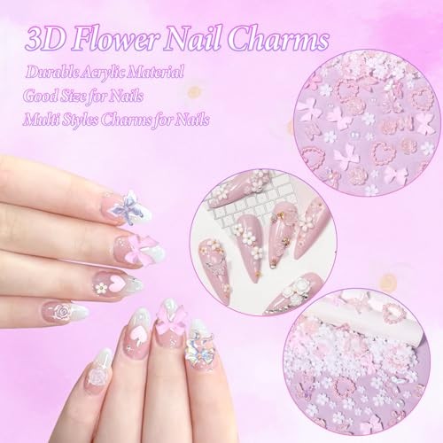1000 Pcs White Flower Nail Charms, 3D Tiny Flowers Charms Set 3-White & Pink