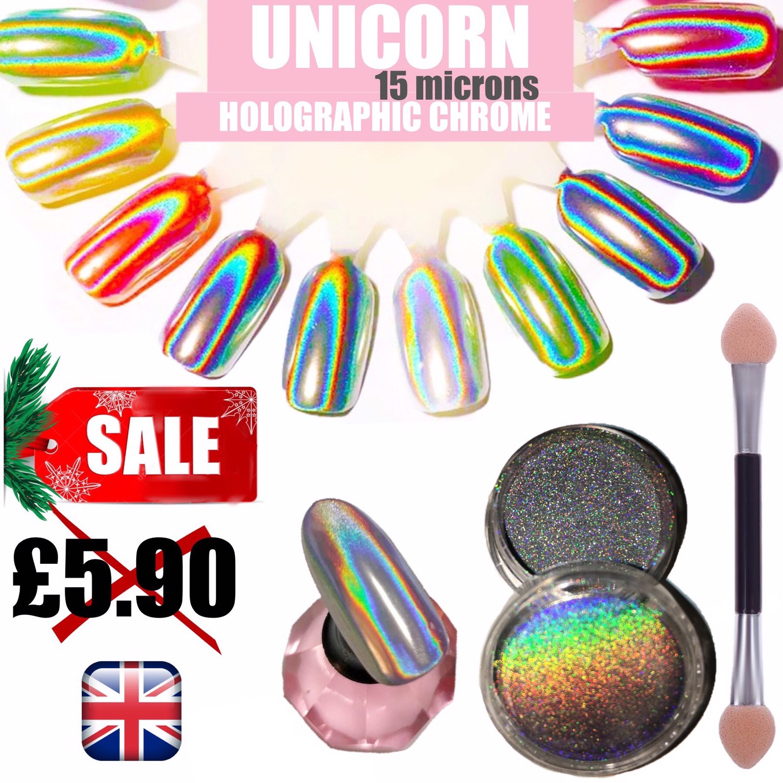 UNICORN NAIL POWDER HOLOGRAPHIC EFFECT MIRROR HOLO CHROME NAILS PIGMENT 15µ! Q15