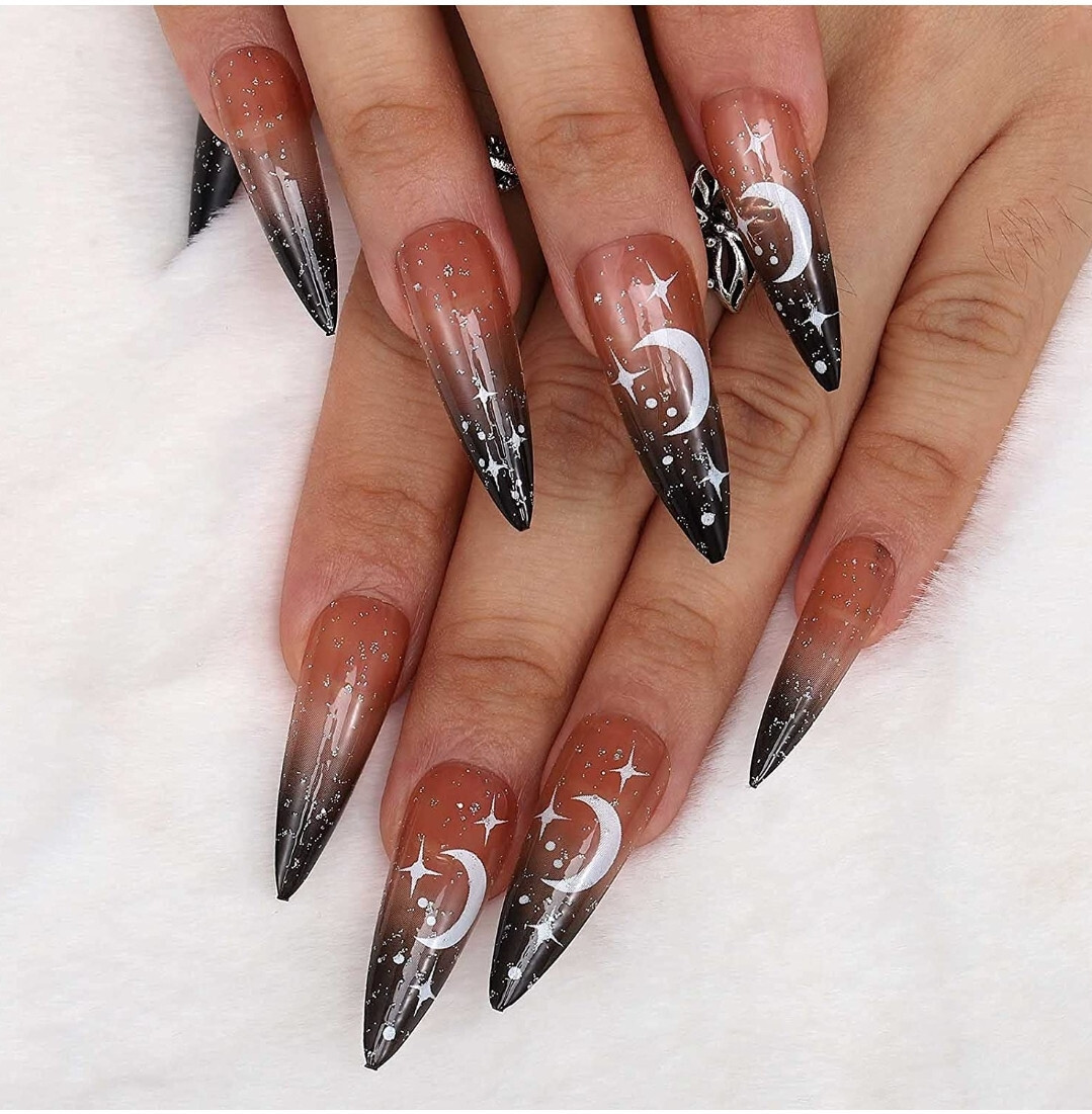 24 Press on nails Kit w Glue Witchy Black ombre glitter jelly clear halloween
