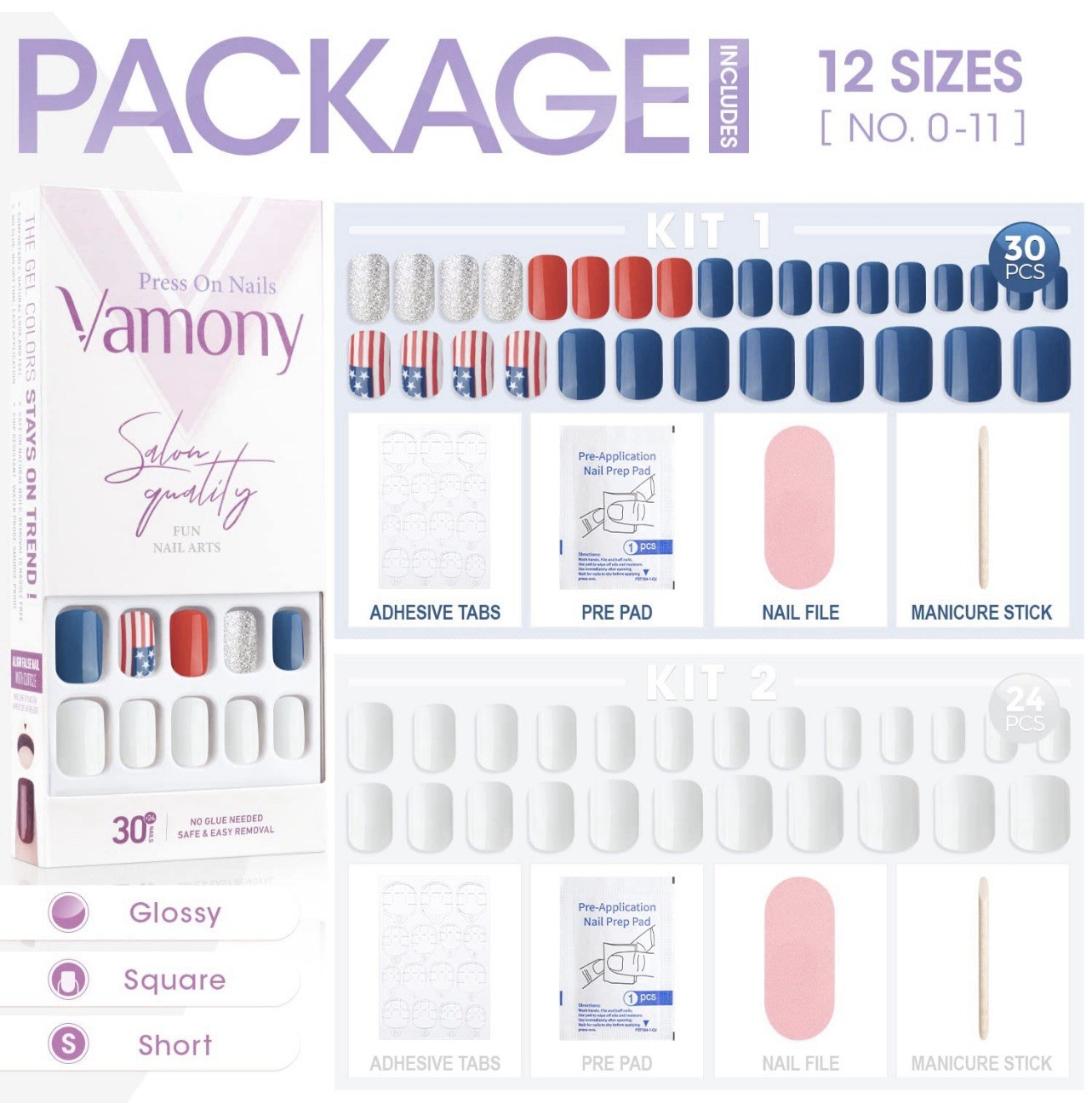 Vamony Press On Nails Square Short Length 54pcs Square Fake Nails Manicure Set