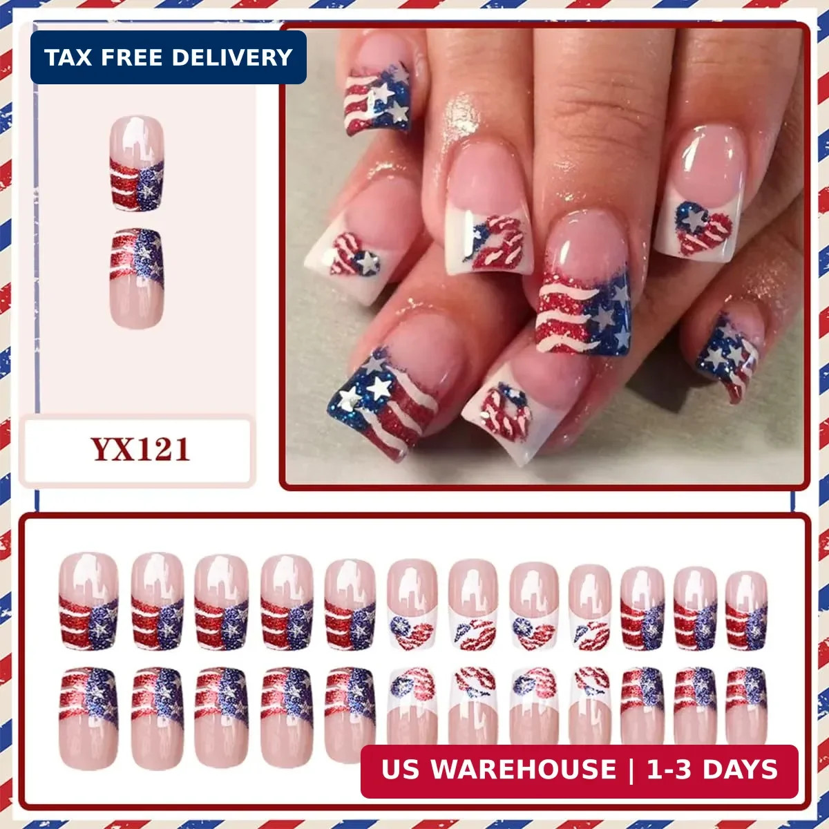 4th of July Press on Nails Medium Square French Tip Fake Nails Red White Blue Gl