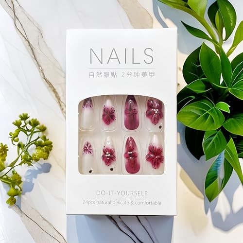24Pcs Burgundy Gradient Flower Press on Nails Medium Almond Fake Nails gradient