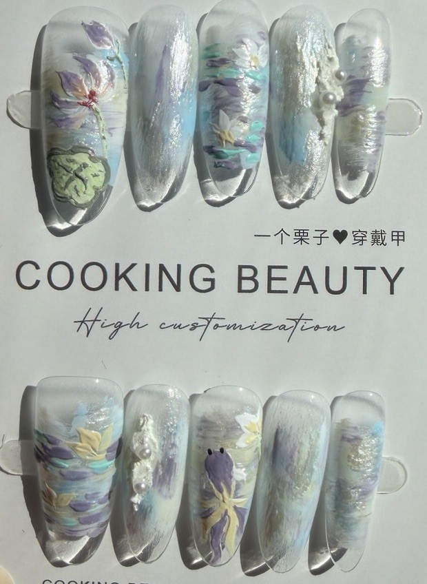 S size Cooking Beauty White Purple Blue Green 3DOval FloralFullCoverPressOnNails