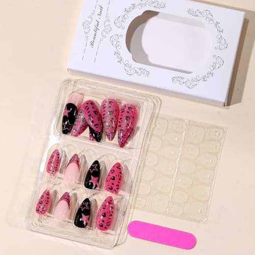 Jellyqueen Press on Nails Short Square Acrylic Purple Rose red Leopard pattern