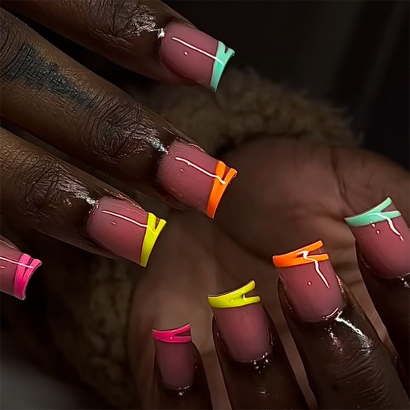 48pcs-Vibrant Matte Press on Nails with Neon French Tips and Modern Line Art