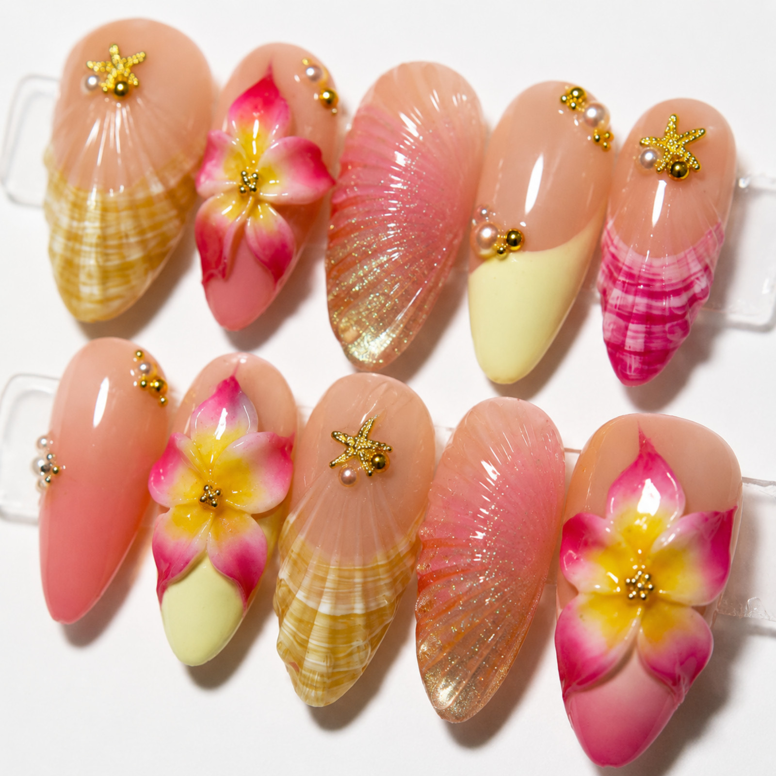 Handmade Press On Nails 3D Tropical Flower Seashell Pink Gold Set