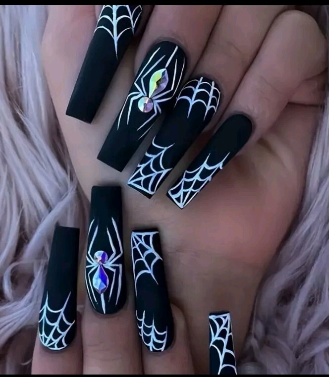 Halloween Glam 24pcs Matte Black Spider and White Spider Pattern, 3D Rhinestone