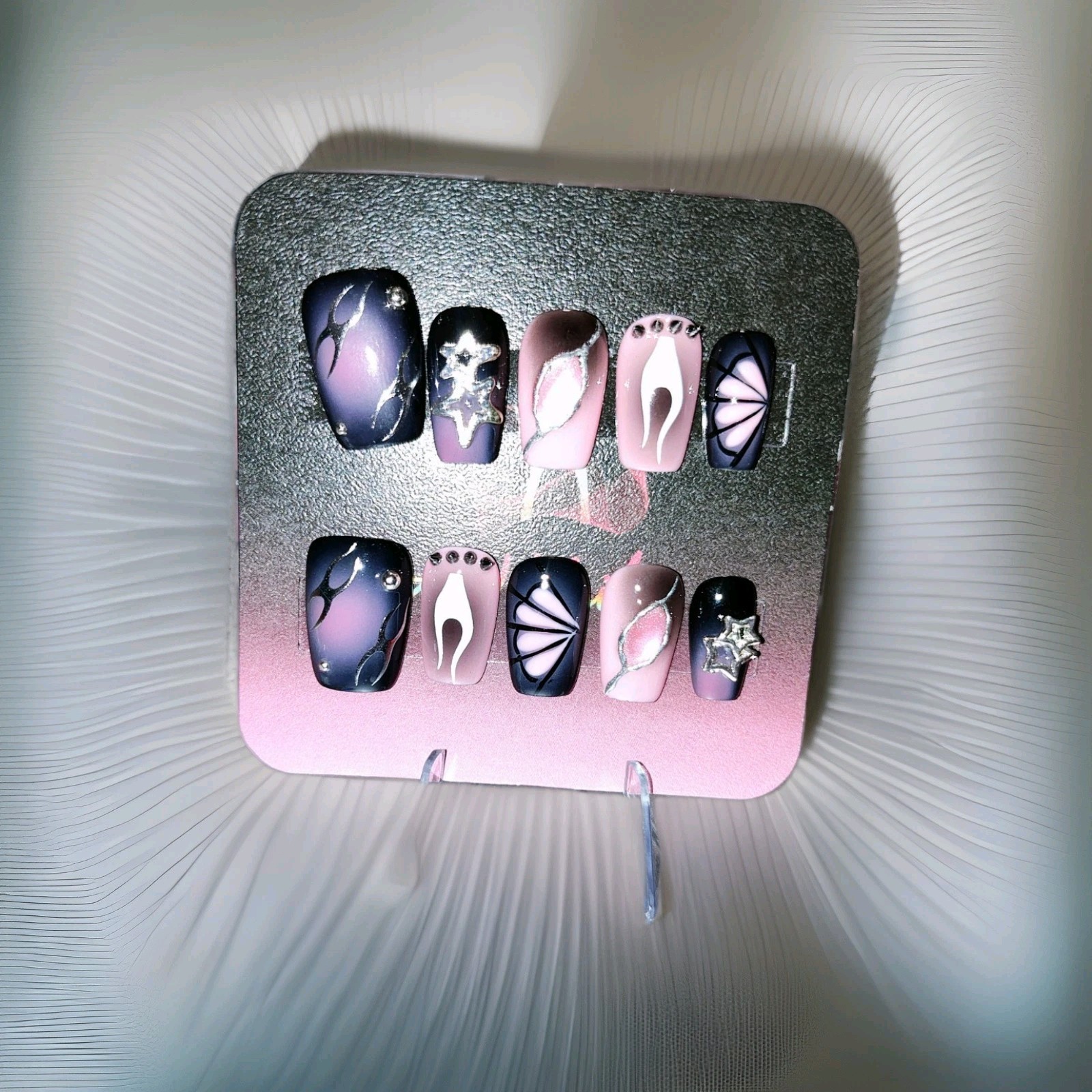 Medium Square Pink Black Silver Matte 3D Stars Abstract Press-On Nails