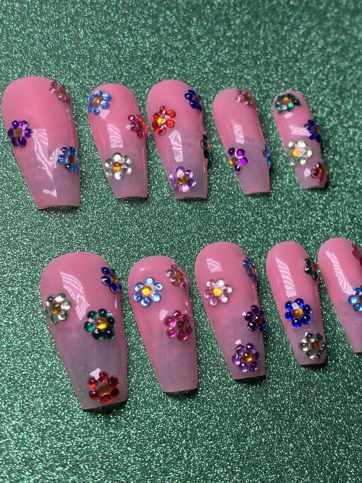 Nail Art by Dia Long Coffin Press-On Nails 3D Glitter Pink Multicolor Flower