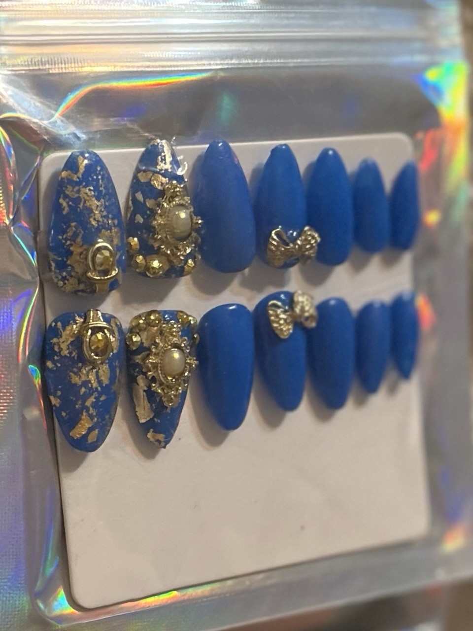 Almond Press On Nails Short/Medium Length Teal With Gold Accents And Prep Kit
