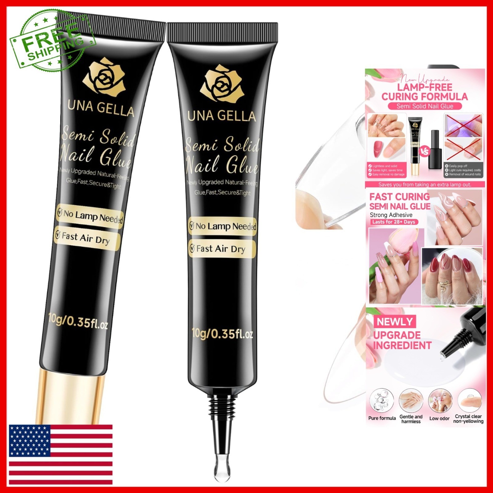 UNA GELLA No Lamp Needed Nail Glue for Press Ons 10ml 2pcs Super Strong