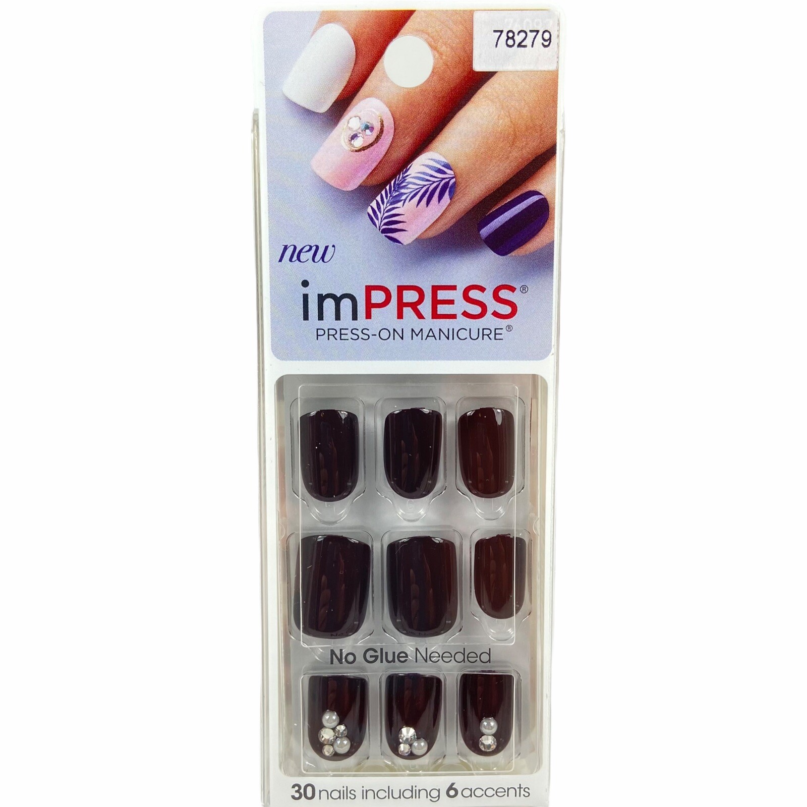 NEW Kiss Nails Impress Press on Manicure Short Maroon Burgundy Silver Gems