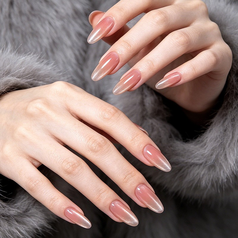 60Pcs Pink Silver Gradient Cat Eye Almond Press on Nails, Glossy Nude Fake Nails
