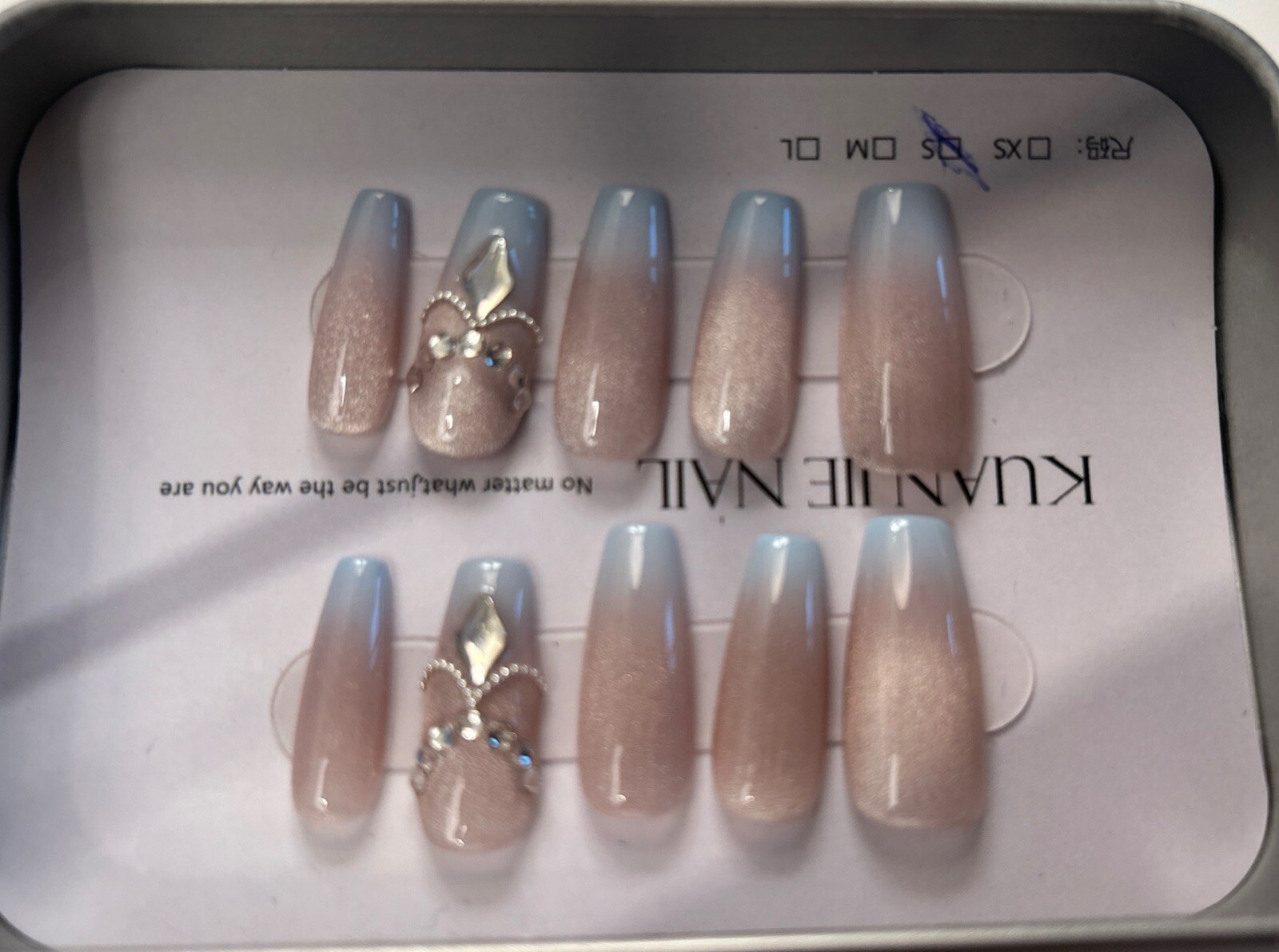 Luxury Glitter Press-On Nails with Rhinestone Design, Nude Blue Ombre- 10pcs Set
