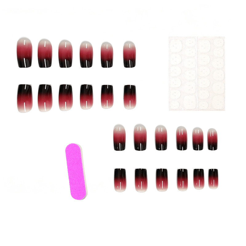 48Pcs-Glossy Medium Almond Red Black Gradient Press on Nails Daily Party Wear