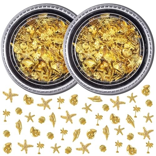 Pndeyo 2 Boxes Ocean Theme Nail Charms, Sea Beach Starfish Seashell Nail Gold