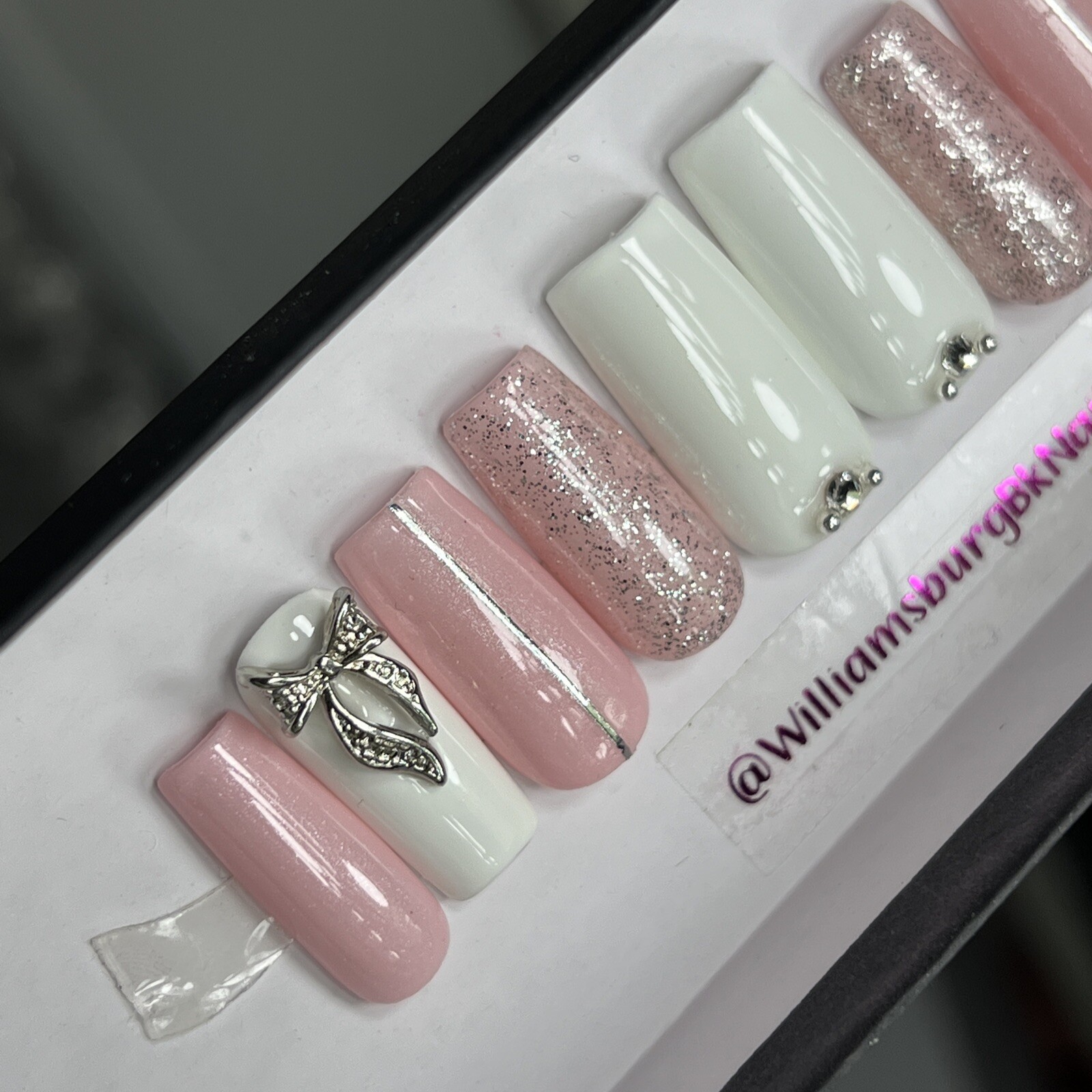 🎀 CUSTOM Gel Press On Nails, Pink BOW W/ Bling 10p set FULL SET W Kit