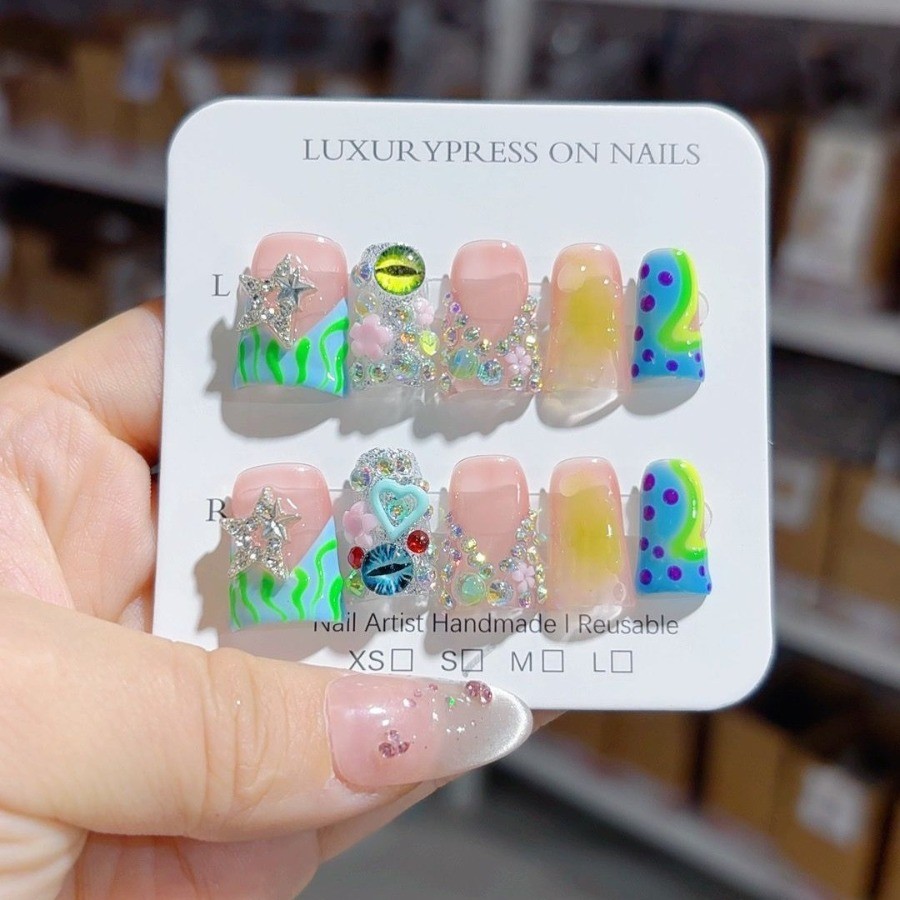 48Pcs 3D Rhinestone Pearl Press On Nails Almond Coffin Removable For Date