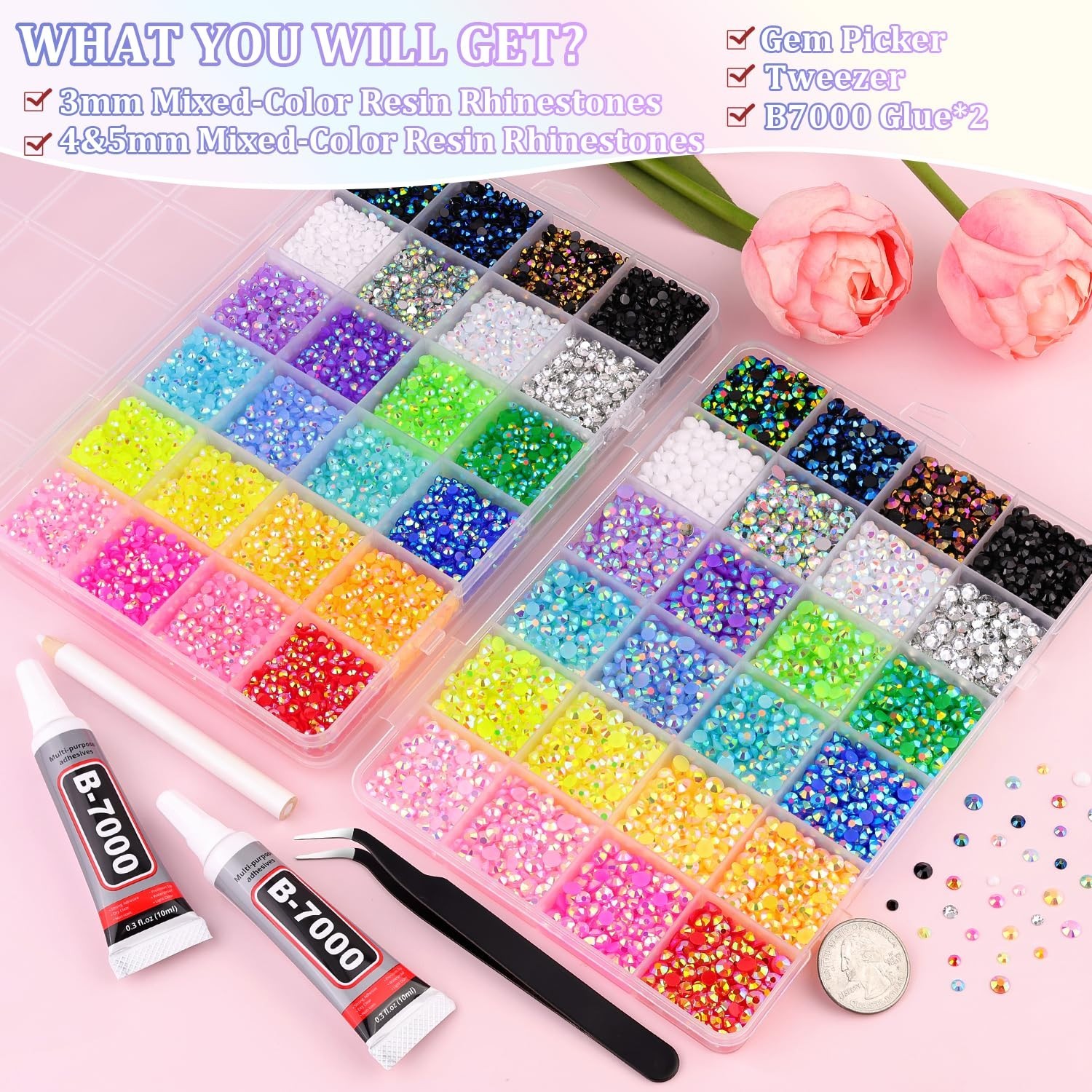 22000Pcs Multicolor Flatback Rhinestones & B7000 Glue for DIY Crafts, Nail Art