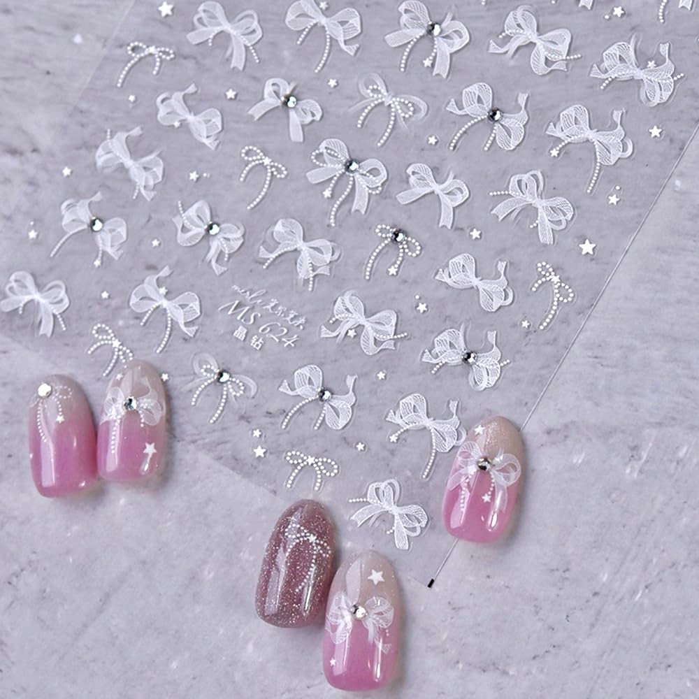 White Lace Bow Nail Stickers for Nail Art Supplies Cute Nail Bows Ribbon