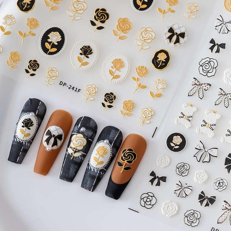 5D Gold Rose Nail Stickers, Bear Nail Decals, Flowers Nail Art Stickers(76)