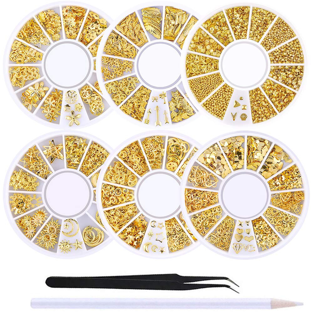 6 Boxes Gold Nail Charms Studs Rose Star Moon Feather Shape Metal Nail 3D Charm