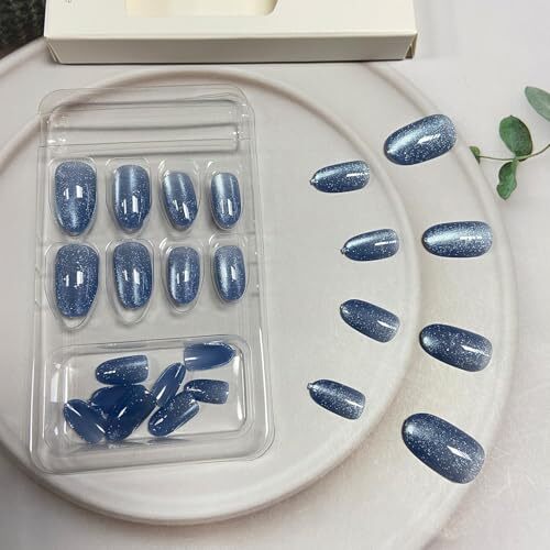 Press on Nails Medium Oval Fake Nails Glitter False Nails Glossy Blue Cat Eye