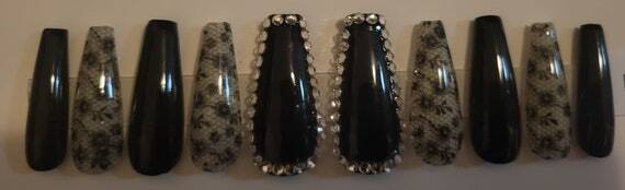 Black Blitz Nail + Custom Box | Ballerina Nail | Nail with Gems | Medium & Large