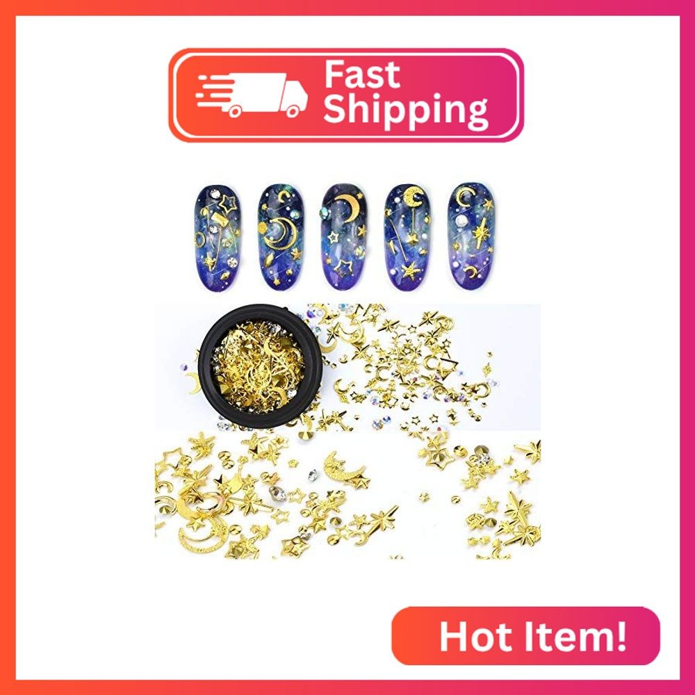 MEILINDS Gold Nail Studs Gems Sparkle Rhinestones Metal Rivets Charms Hollow Moo